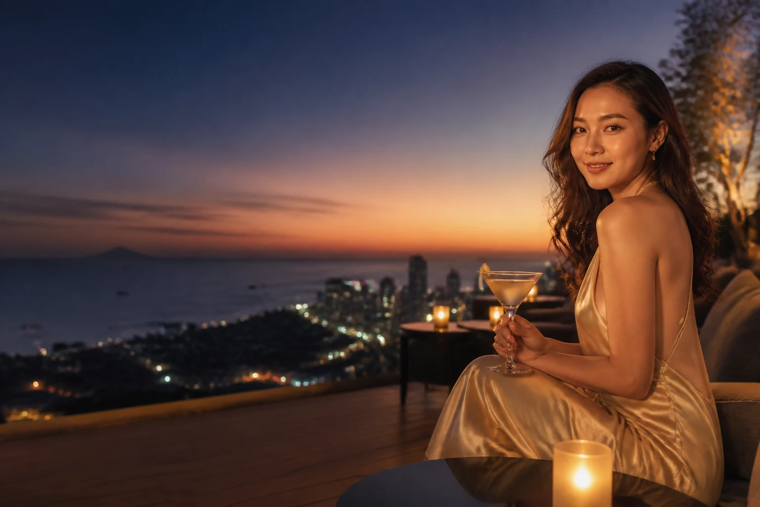 ผู้หญิง AURA นั่งดื่มใน Rooftop Lounge หัวหิน